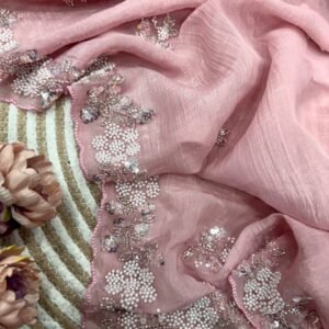 Women's Soft Pink Organza Saree with Delicate Pearl & Sequin Floral Embroidery – Lightweight Sheer Drape for Festive, Wedding & Party Wear